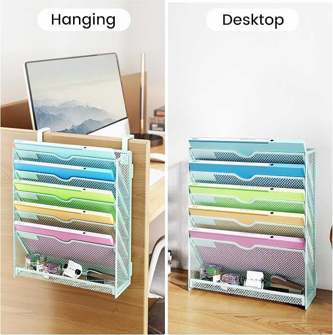 Hanging Wall File Organizer, 6-Tier Mint Green Desk Organizer with Metal Mesh, Foldable Document Organizer for Office Desk, Wall Mount Magazine Rack for Mail/Books/Tablet