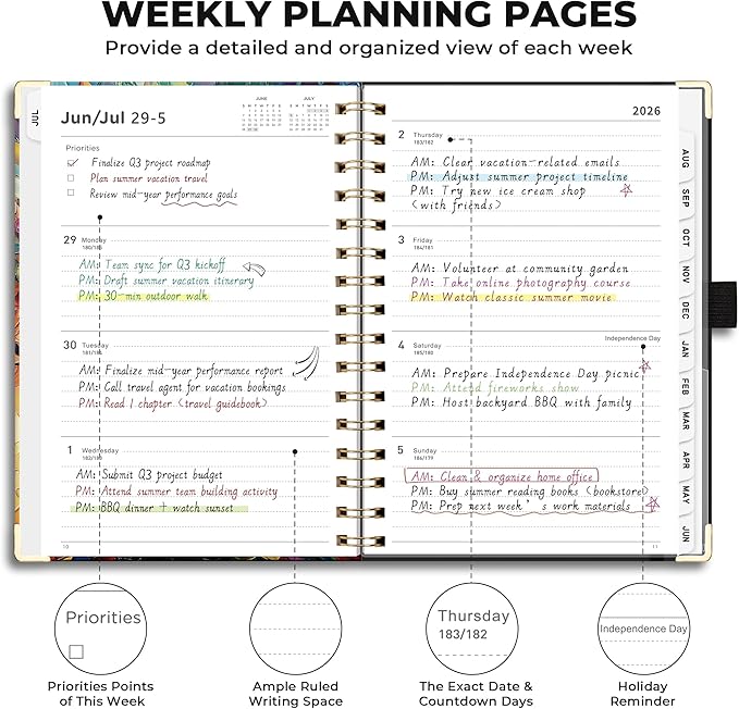 AHGXG Academic Planner 2026-2027, July 2026 - June 2027, Weekly and Monthly, 5.7" x 8.3", Hardcover, Spiral-Bound, Calendar, Agenda for Women, Student, School, 12-Month Tabs (Colourful Tree)