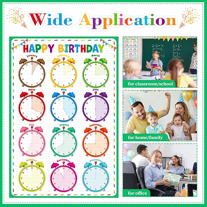 D24TIME Classroom Birthday Chart Calendar - Colorful Reusable Laminated Happy Birthday Poster for Bulletin Board Decoration & Back To School Teacher Supplies