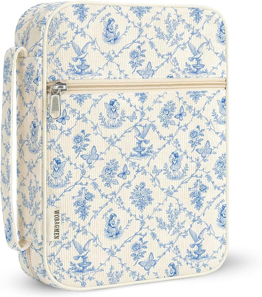 WOBAGMEN Bible Cover Case for Women,Cordoury Bible Cover with Handle,Blue Bible Book Cover,Carrying Case Bible Protective Christian Gift(Vintage Blue, M)