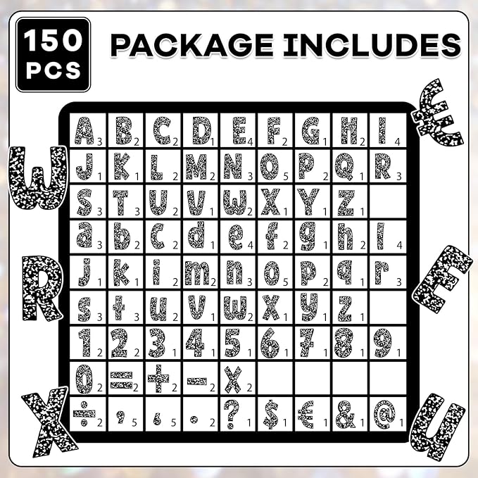 150Pcs Composition Bulletin Board Letters Composition Themed Classroom Decor Alphabet Combo Set Alphabets Numbers Symbols Paper Cutouts for Party School Classroom Blackboard Decoration Supplies
