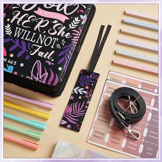 19PCS Floral Purple Leather Bible Cover for Women Bible Cover Cases for Teen Girls Christmas Gift Christian Bag Our God is Within Her Journaling Kit with Shoulder Strap Highlighter Pens & Book Marker