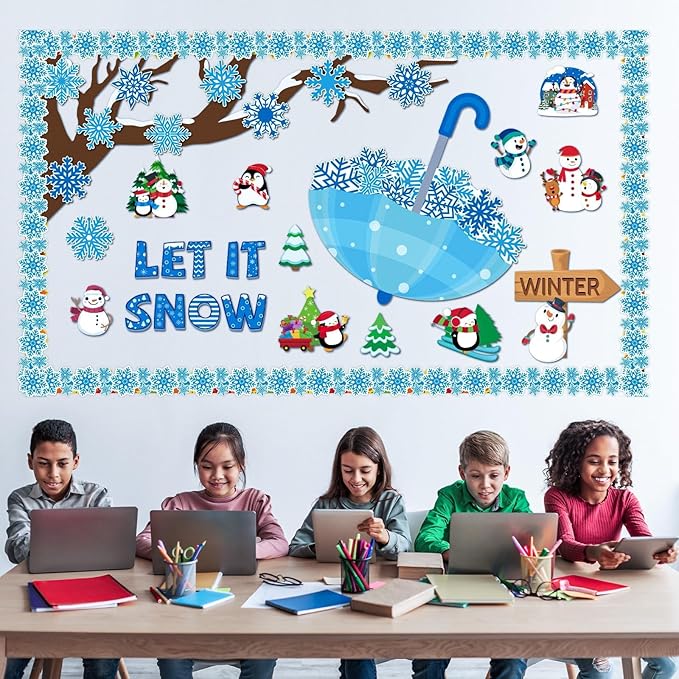 153 Pcs Winter Bulletin Board Decorations Set Let It Snow Classroom Tree Snowflake Cutouts with Borders Glue Points for School Classroom Christmas Bulletin Board Blackboard Chalkboard Decor