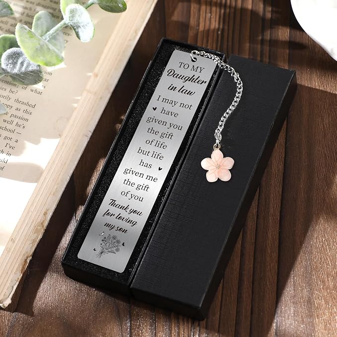 Daughter in Law Gifts - Future Daughter-in-Law Gift from Mother Metal Bookmarks for Birthday Wedding Anniversary Bridal Shower Book Marks with Flower Pendant for Women Book Lover Christmas