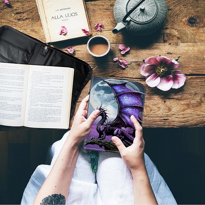 Bible Cover for Men,Large Leather Bible Case Fit Book Up to 11x8x2 Inch,Purple Arcient Dragon Bible Covers Bible Study Carrier Church Bags w/Handle & Zipper