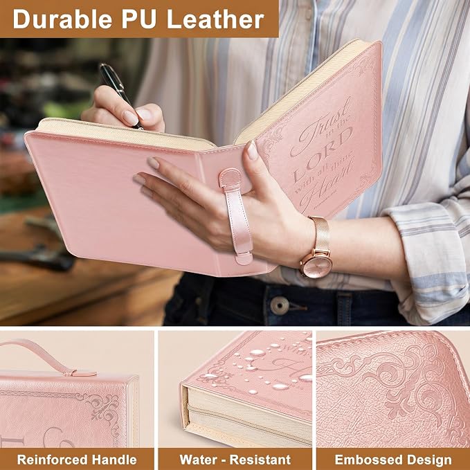 Large Bible Cover Case for Men Women, Mens Bible Covers Cases Leather Bible Cover Carrying Case for Women Men with Handle Zippered Bible Book Cover Holder Bag Case(Rose Gold, L)