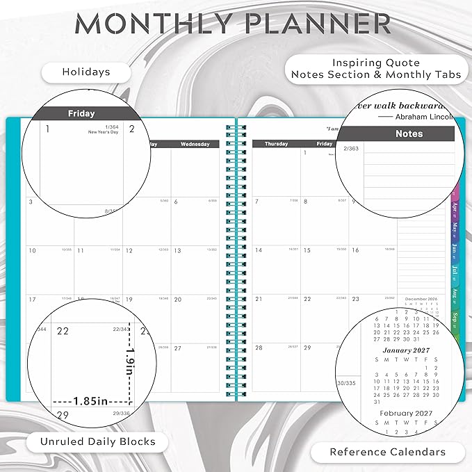 2027-2029 Monthly Planner - 3 Year Planner 2027-2029, Jan.2027 - Dec.2029, 9" x 11", 3 Year Calendar 2027-2028-2029 Monthly Planner with Thick Paper, Colorful Tabs, Pocket for School, Home & Office - Teal