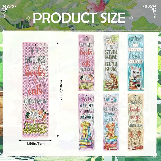 Reading Diamond Art Bookmarks for Adults - 6 PCS DIY Books and Cute Animal Diamond Painting Bookmarks with Tassel DIY Cat Dog Art Craft Making Kits for Reading Lover Book Lover Beginners