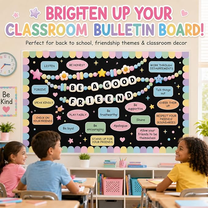 Friendship Bracelet Bulletin Board Set Pastel Back to School Classroom Decoration Motivational Be a Good Friend Friendship Bracelet Bulletin Board Cutouts for Classroom School Chalkboard Wall Decor