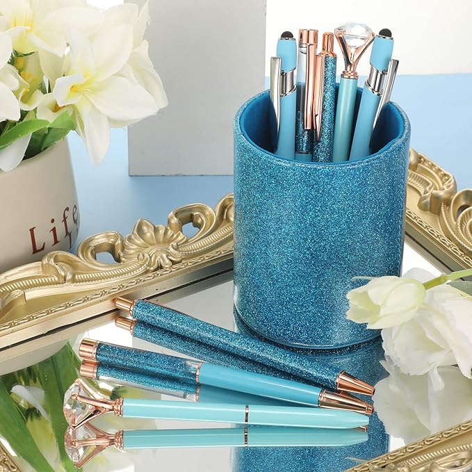 Sabary 8 Pcs Blue Pens with Pen Holder for Desk Glitter Crystal Diamond Cute Ballpoint Fancy Pencil Holder Bling Desk Organizer for Women Girls School Office Supplies Wedding Graduation Gifts