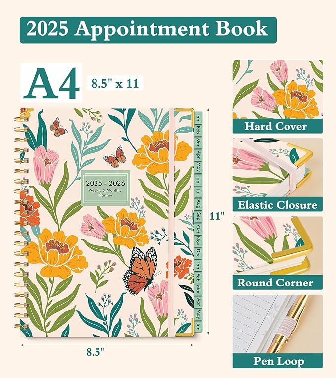 2026 Appointment Book, Hardcover Planner 12 Months Weekly and Monthly (January 2026 - December 2026), 8.5"x11" Daily Hourly Planner 60-Minute time Slots, Spiral Calendar Schedule Book for Work School Teacher Student, Orange Floral