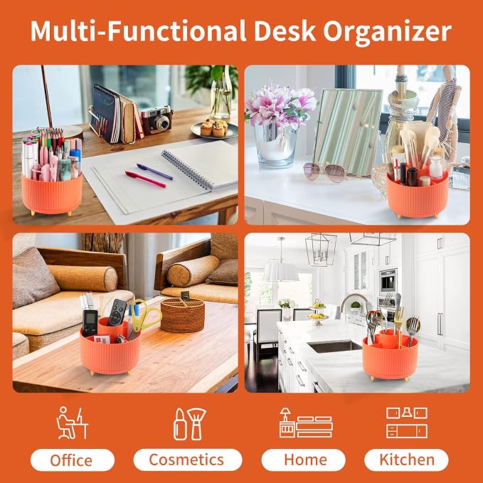 Desk Pencil Pen Holder, 5 Slots 360°Degree Rotating Pen Organizers for Desk, Desktop Storage Stationery Supplies Organizer, Cute Pencil Cup Pot for Office, School, Home, Art Supply, Orange