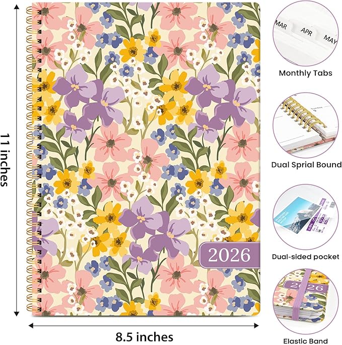 2026 Planner, Weekly and Monthly Calendar Planner Book, January 2026 - December 2026, Hardcover Spiral Planner with Monthly Tabs, Notes Pages, Perfect for Women & Men, A4 (8.5" x 11") - FLoral