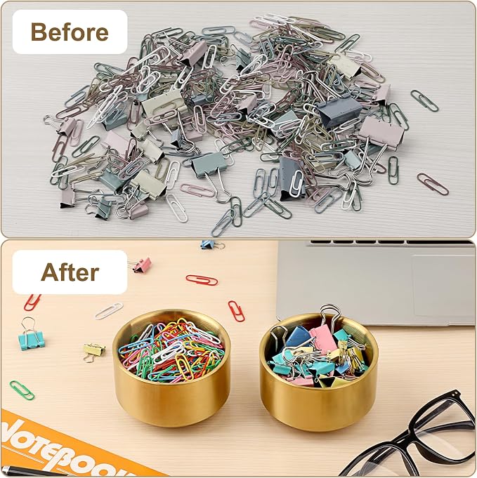 BTSKY 2 Pack Golden Paper Clip Holder, Stackable Paperclip Box Metal Storage Bowl for Office Supply Accessories, Round Small Storage Holder Cute Jewelry Organizer for Office Bathroom Vanity
