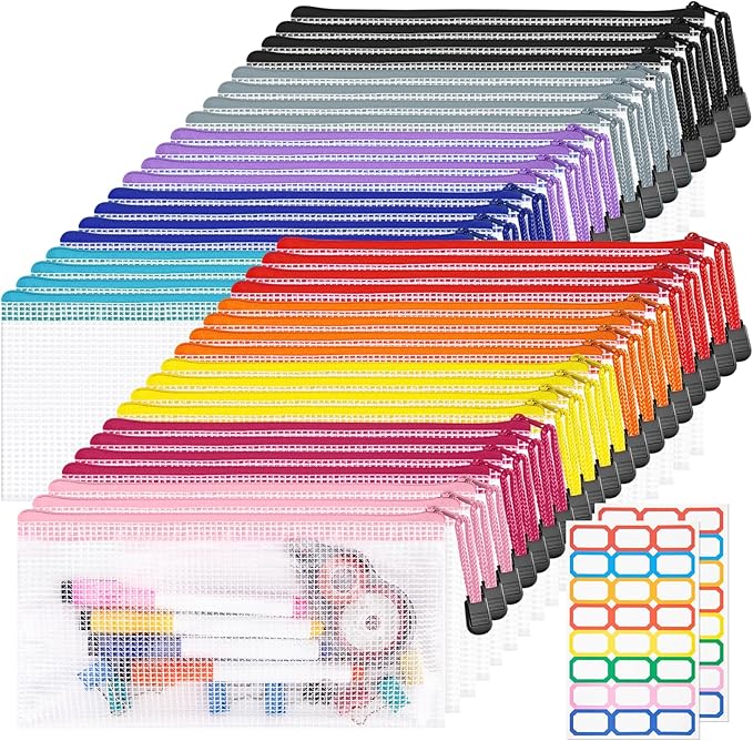 9.4x4.9 Inches Mesh Zipper Pouch with Sticker, 40 Pack Puzzle Storage Bags, Organization Baggies for Travel, Office Appliances, Classroom Supplies and Home Classification