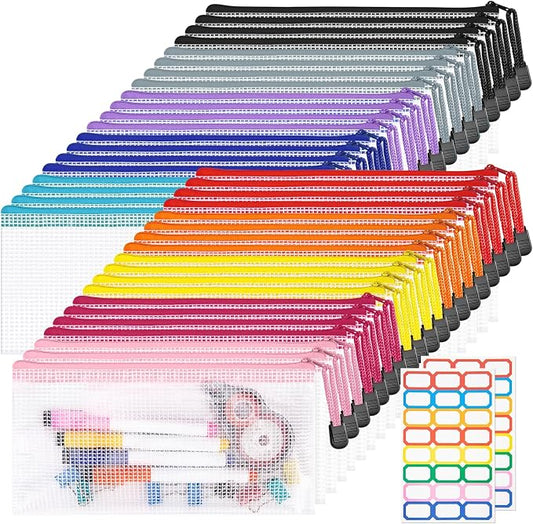 9.4x4.9 Inches Mesh Zipper Pouch with Sticker, 40 Pack Puzzle Storage Bags, Organization Baggies for Travel, Office Appliances, Classroom Supplies and Home Classification