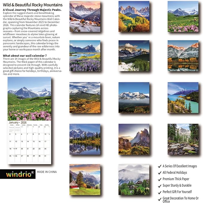 2026 Wall Calendar, 14 Months Wall Calendar Wild & Beautiful Rocky Mountains, November 2025 - December 2026, 12" x 18.2" Opened, Spiral Bound Monthly for Kids Teen Organizing & Planning