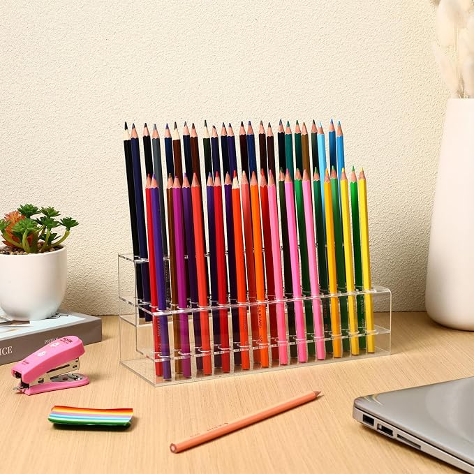 Gatuida Acrylic Pen Holder 48-Slot Desktop Organizer Clear Pencil Storage Box for Office Home Use 9.44 X 4.13 X 3.54 Inches