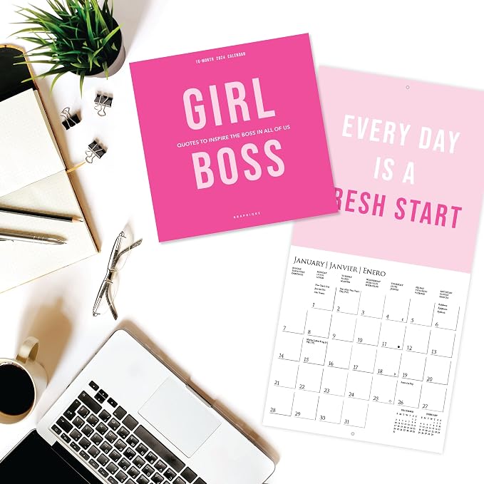 Graphique 2024 Girl Boss Mini Wall Calendar | 7” x 7” | Thick Paper | Home & Office Organizer | Large Monthly Grid | 3 Languages & Marked Holidays | 4 Month Preview Page for 2025
