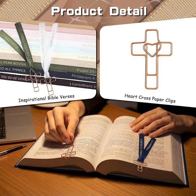 Resurhang 80 Pack Heart Cross Paper Clips with Ribbons 40 Rose Gold Bible Paper Clips 40 Christian Bookmark Ribbons Bible Study Journaling Supplies Easter Eggs Fillers Women Christian Gifts