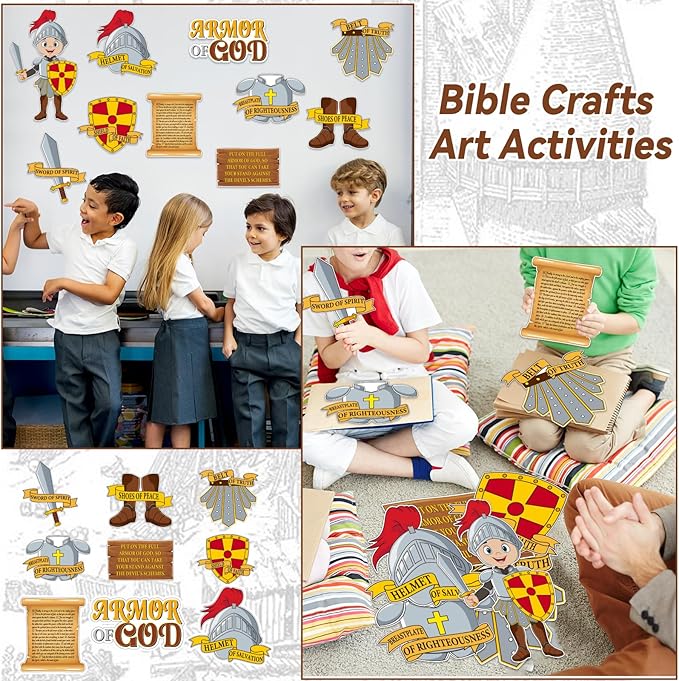 50 Pcs Armor of God Cutouts for Kids Books of The Bible Religious VBS Bulletin Board for Sunday School Religious Classroom Decorations Medieval Children Wall Home Bible Crafts Art Kit