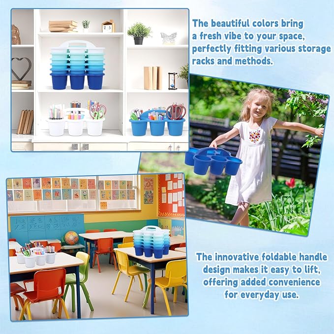 6 Pack Classroom Caddy Organizer with Handle Gradient Blue Plastic Table Caddy Drink Cup Caddies Holder 12x9x3.5 Inches Storage School Supplies 6 Compartments for Table Crayon Pencil Cup Marker Craft