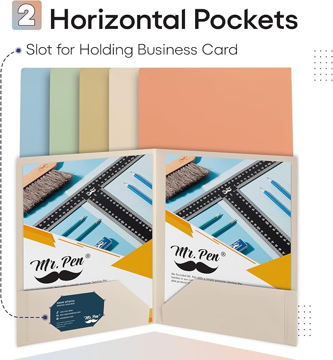 Mr. Pen- Plastic Folders with Pockets, 5 pcs, Aesthetic File Folder with Business Card Slot, 2-Pocket Folder, Back to School, Office, Filing Supplies