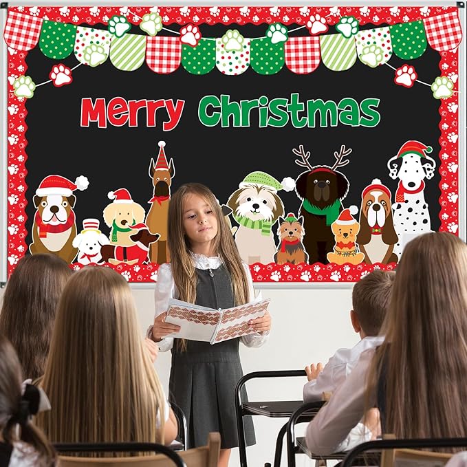 JarThenaAMCS 73Pcs Christmas Pet Dog Bulletin Board Decoration Set Cute Puppy Theme Paper Cutouts for Xmas Holiday School Classroom Chalkboard Decor