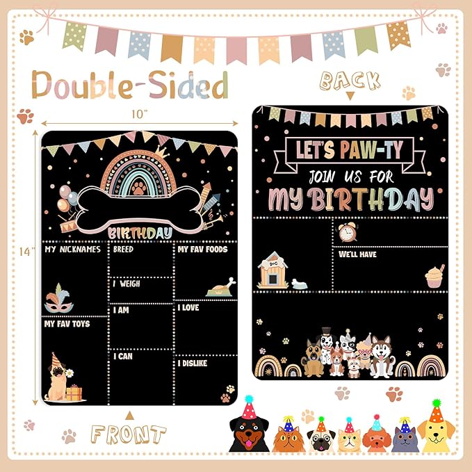 Tiamon Dog Birthday Chalkboard Boho Themed Dog Birthday Photo Props Rainbow Pet Milestone Chalkboard Sign for Party Supplies Double Sided Reusable Erasable 14 x 10 Inch