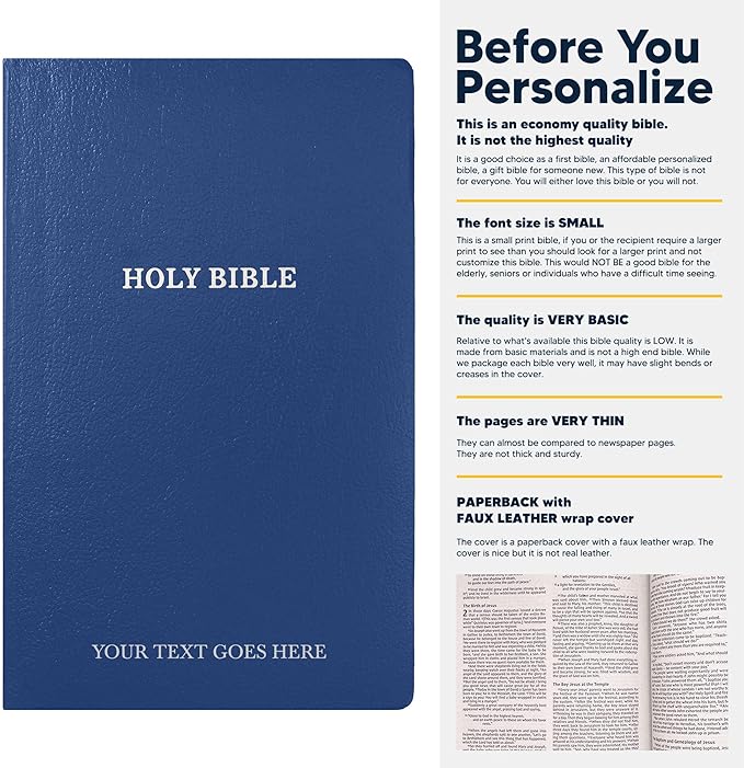 Personalized KJV Bible Faux Leather Bible Small Print Economy Bible with Custom Name at The Lower Right Side & Red-Highlighted Verses, Custom Gift for Christian Celebrations (Blue)