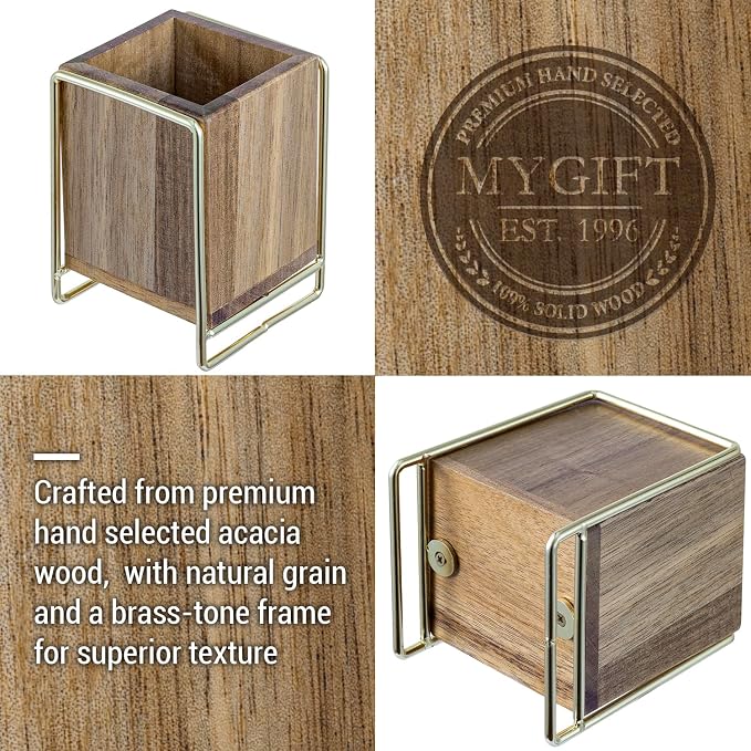 MyGift 3 Inch Modern Premium Solid Acacia Wood and Brass Tone Metal Wire Desktop Pencil Cup, Wooden Tabletop Pen Holder, Office Desk Stationery