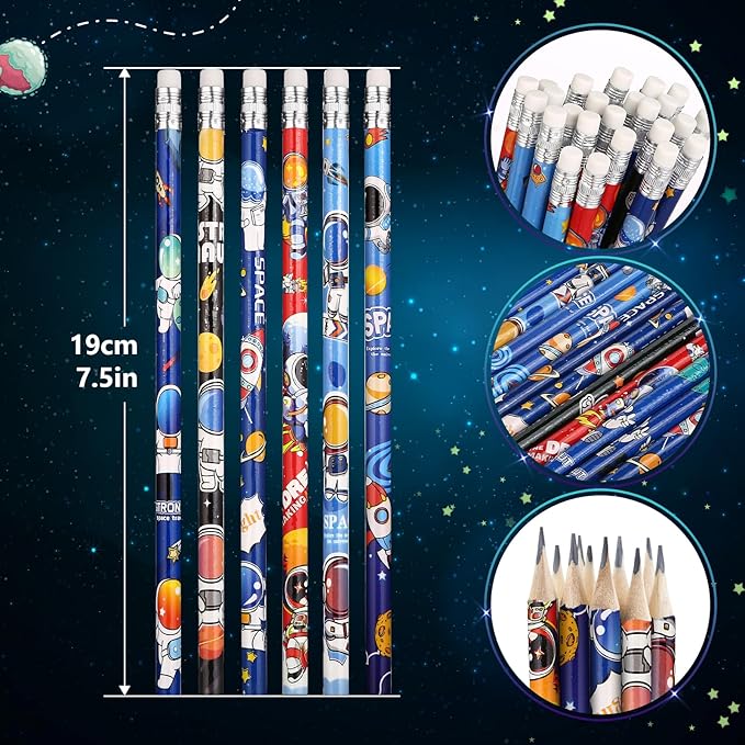 24 Pcs Space Pencils for Kids，Novelty Fun Lead Pencils with Eraser Rocket and Space Party Favors for Birthday Party，Classroom for Teacher Supplies，Student Favors Reward