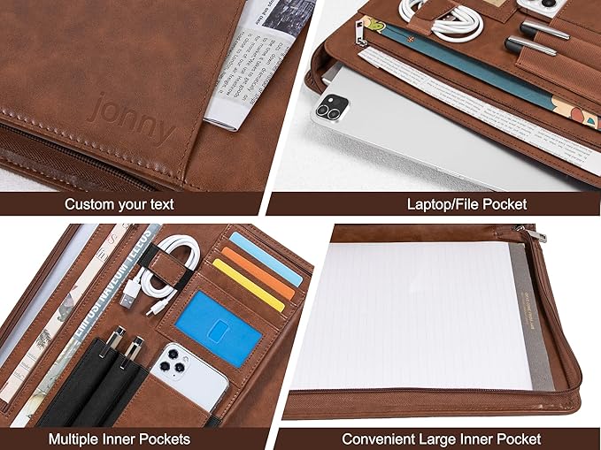 Calfinder Personalized Portfolio for Women&Men, Free Name Engrave,Customized Leather Padfolio with Logo or Name, Business Portfolio with A4 Writing Pad Holder for Resume,Interview