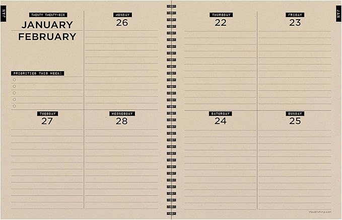 TF Publishing 2026 Burnt Black Large Weekly Monthly Planner with 12-Month Calendar Grid, Goals and Task Trackers, Priority List Section and Stickers - Large Planner for School or Work - 9in x 11in