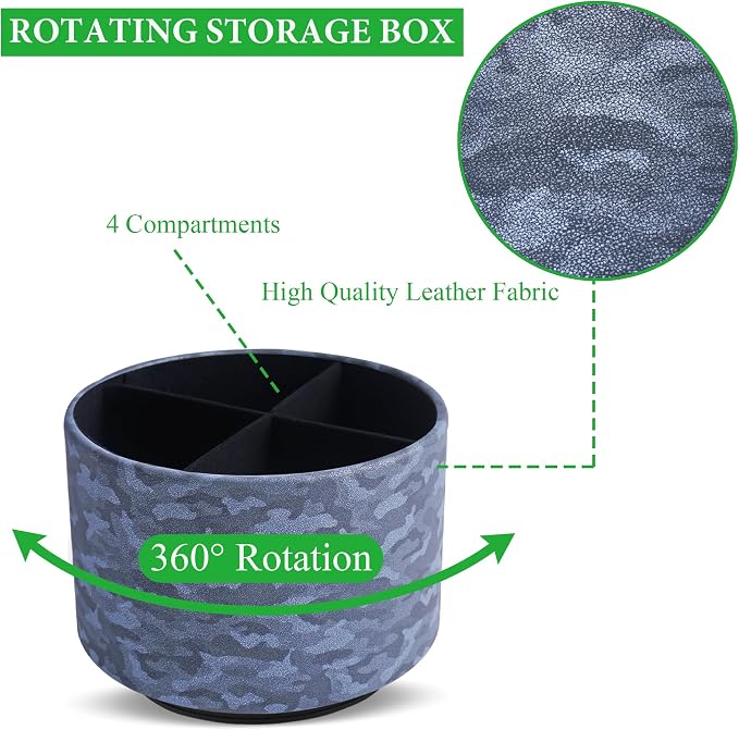 Round Leather Art Supply Organizer,Remote Control Holder,360 Degree Rotating,Multi-Functional Pencil Holder,4 Compartments Desktop Stationary Organizer(1-Camouflage Blue)