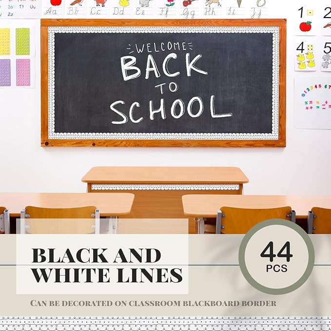 Leinuosen 50.5 ft Bulletin Board Border 44 Pcs Squiggles and Dots Die Cut Border Trims with 20 Sheet Glue Point Dots Bulletin Back to School Decoration for Classroom School Office(White with Black)