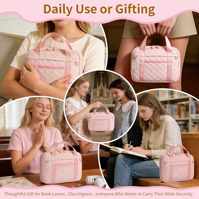 Quilted Bible Cover for Women, Zippered Bible Case with Handle, Bible Organizer Bag w/Multiple Pockets & Pen Slots Lightweight Bible Tote Bag for Church Study, Gifts for Women (Pink)