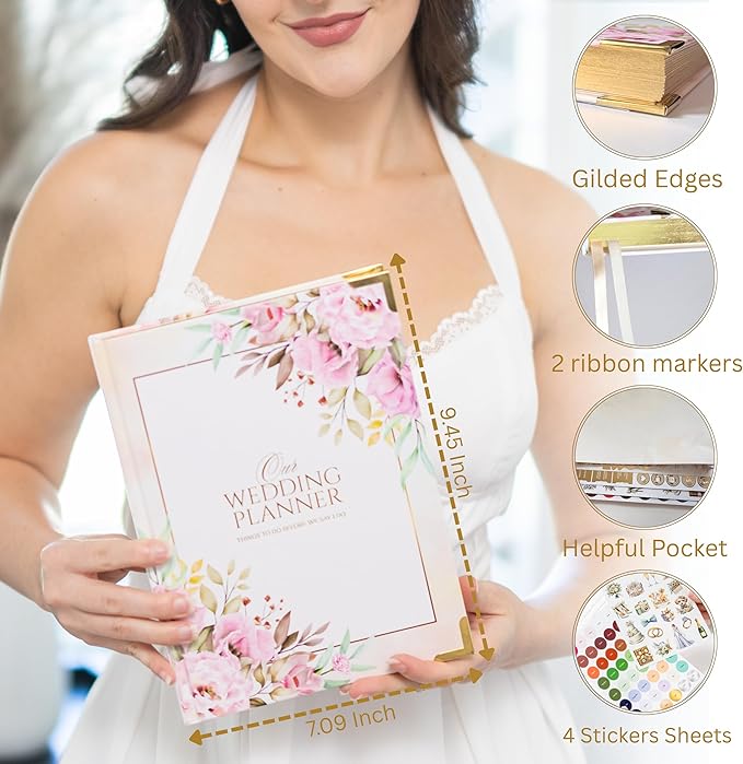 Wedding Planner Book and Organizer – Luxury Floral Hardcover Bridal Planner 9.45 x 7.09 in with Stickers, Pen & Box – Engagement Gift & Bride-to-Be Keepsake – 229 Pages, Tips, Budget Tracker & Calendar