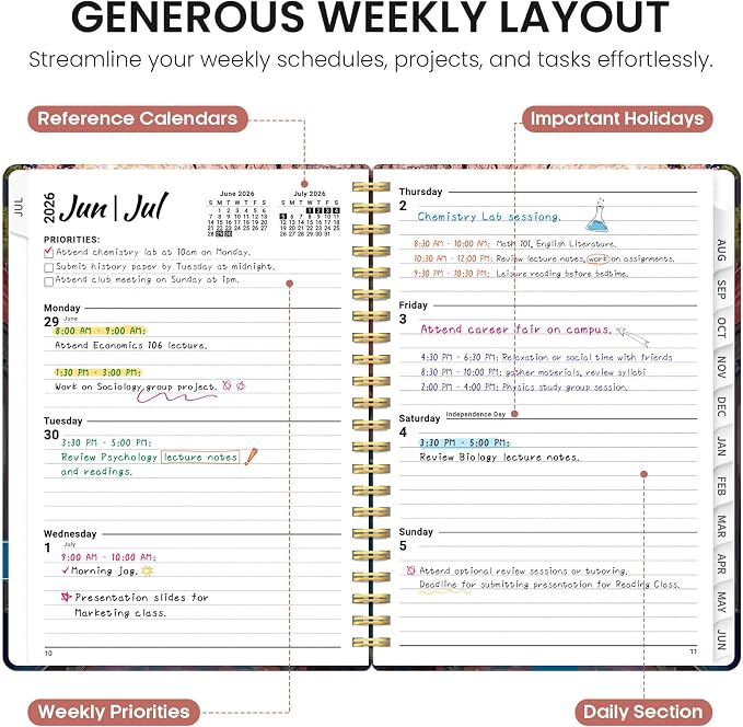 Planner 2026–2027, Academic Year Monthly & Weekly Calendar Book, Jul 2026–Jun 2027, Hardcover Organizer with Tabs, Student & Teacher Planner, 6.3" x 8.5", Cherry Lane