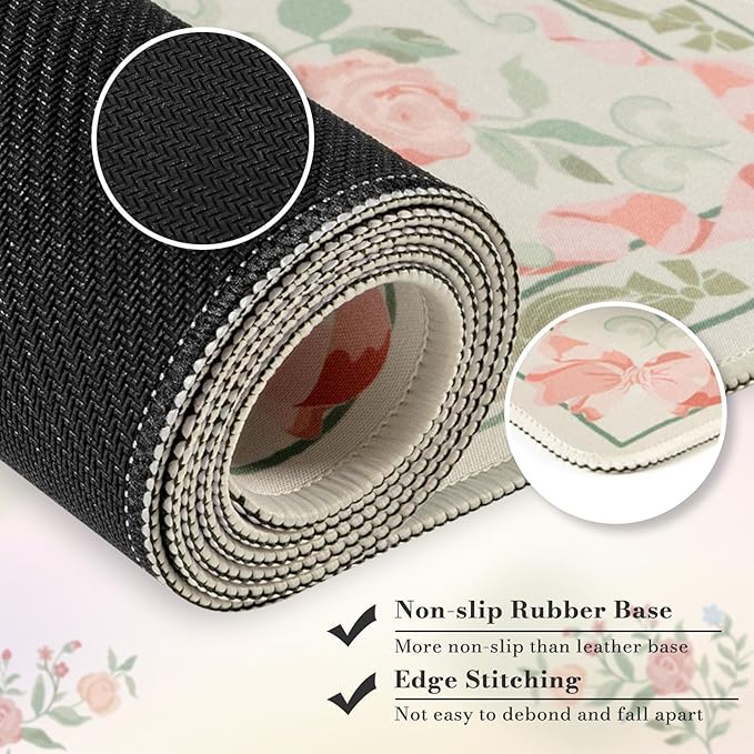 HAOCOO Cute Floral Desk Mat, Large Waterproof Mouse Pad, Girly Desk Matt for Desktop, 35.4" x 15.7" Non-Slip Keyboard Pad, Computer Mat with Stitched Edge, Office Decor Home Desk Accessories (Green)