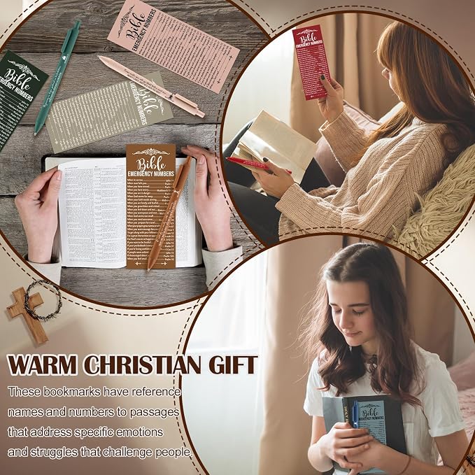 Feifeiya 50 Sets Christian Fathers Day Gifts Bulk Religious Pens Bible Verse Emergency Numbers Bookmark Scripture Catholic Gift for Women Men Church Welcome Sunday School(Christmas Color,English)