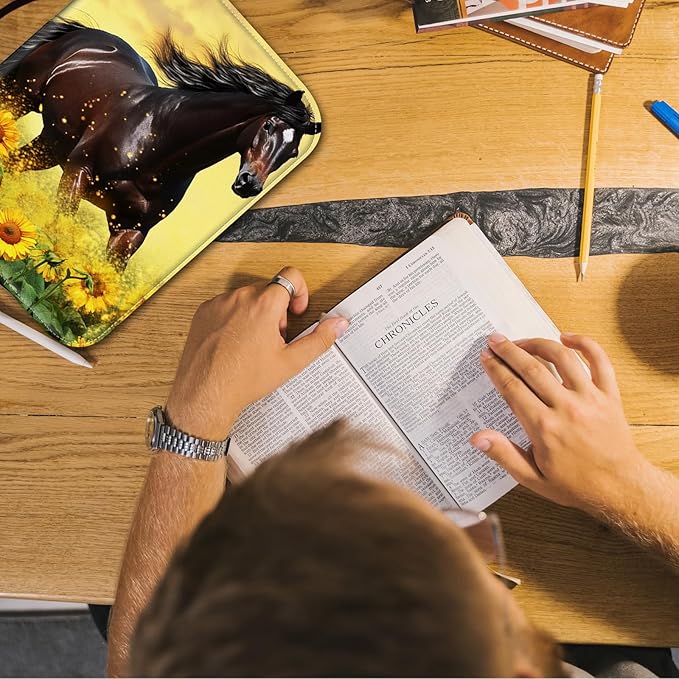 Bible Cover for Men Women,Large Leather Bible Case Fit Book Up to 11x8x2 Inch,Horse Run in the Sunflower Field Bible Covers Bible Study Carrier Church Bags w/Handle & Zipper
