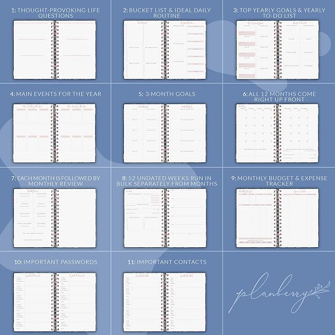 PLANBERRY Weekly Planner Premium – Undated Life Organizer & Budget Planner – Time Management, Goal Setting, To-Do List, Work-Life Balance & Habit Tracker – 6.9″ x 8.5″ (Rose Flamingo)