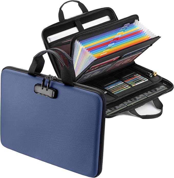 Fireproof Document Box with Lock, Hard-Shell Case Fireproof File Organizer with 13 Pocket Accordion File Folder, Portable Home Office Travel Safe Storage for Important Documents Laptop