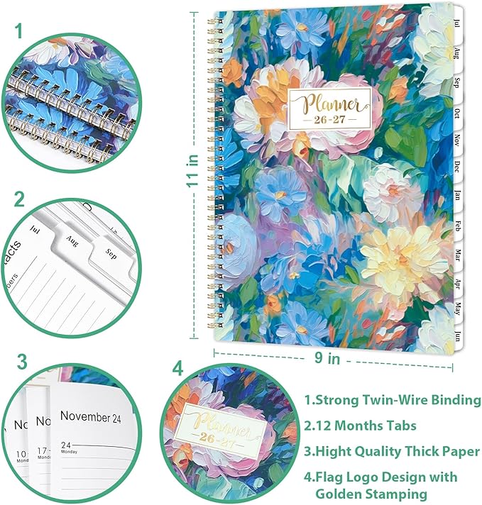 Planner 2026-2027 - 2026-2027 Planner Weekly and Monthly, July 2026 - June 2027, 8.5" x 11", Academic Planner 2026-2027 with Marked Tabs, Back Pocket, Perfect Daily Organizer - Floral