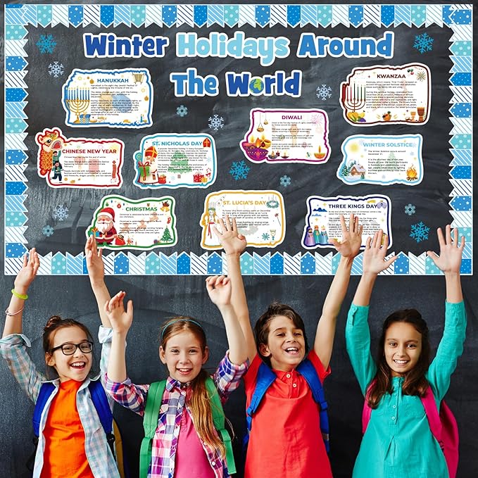 Winter Bulletin Board Decorations Set Holidays Around The World Classroom Posters Decorations with Chinese New Year Hanukkah Diwali Christmas Winter Solstice Cutouts School Classroom Door Decor