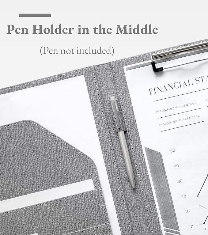 Zreal Padfolio Portfolio for Women and Men, Faux Leather Clipboard Folder with Document Organizer, Business Card & Pen Holder, Fits A4 Letter Size Legal pad for Work, Office & Conference (Grey)