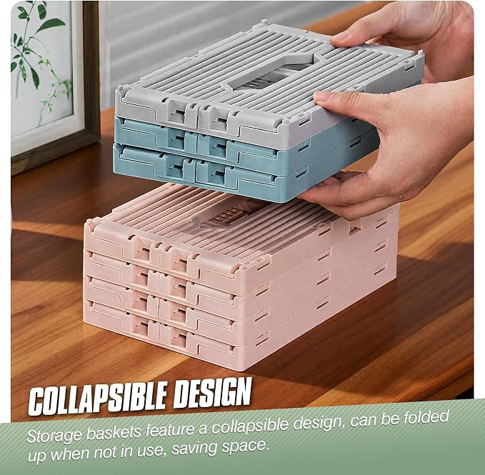 4-Pack Plastic Crates for Storage, Collapsible Storage Crates Stackable, Space-Saving Foldable Crate for Home Kitchen Classroom Office Bedroom Bathroom (8.66''x5.91''x3.54'', Pink)
