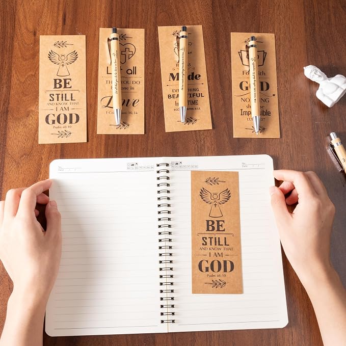 Haooryx Christian Bible Pen Bookmark - 30-Piece Christian Bible Verse Bamboo Inspirational Pen Scripture Biblical Bookmark Set Sunday School Church Religious Multi-Item Party Favor Packs Gifts Bulk