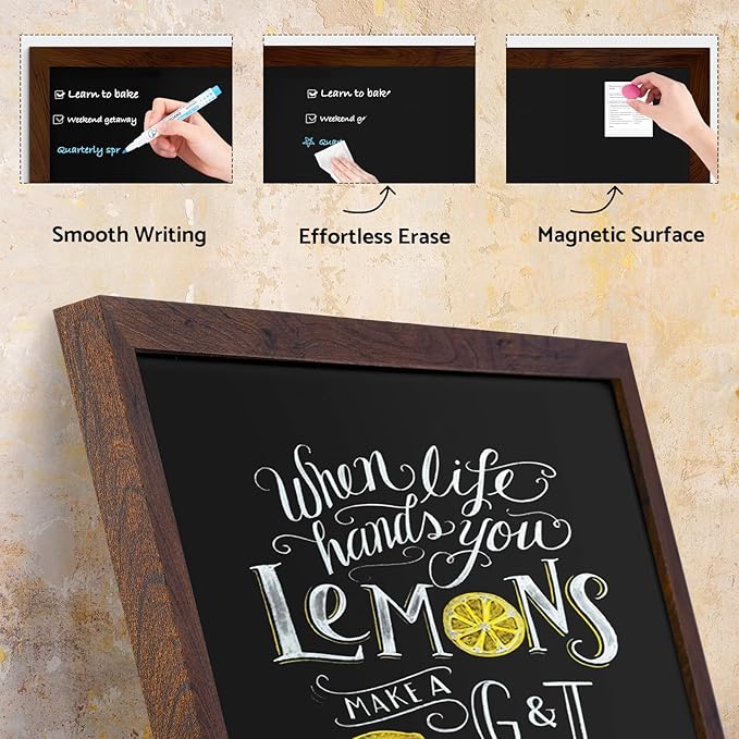 DOLLAR BOSS Magnetic Chalkboard for Wall, 24" x 18" Rustic Brown Framed Chalk Memo Board Menu Sign Display for Home, Kitchen, Office, Classroom with 4 Markers, 8 Magnets